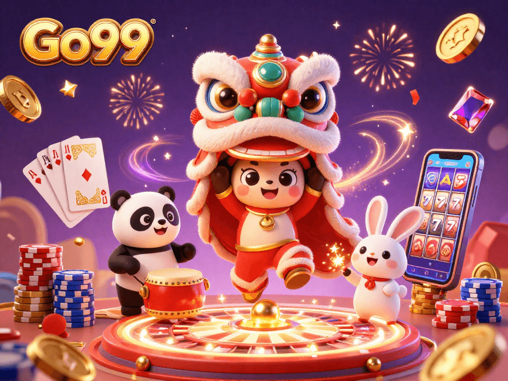 Engage with Go99 in a vibrant casino scene filled with cascading winnings and festive characters.