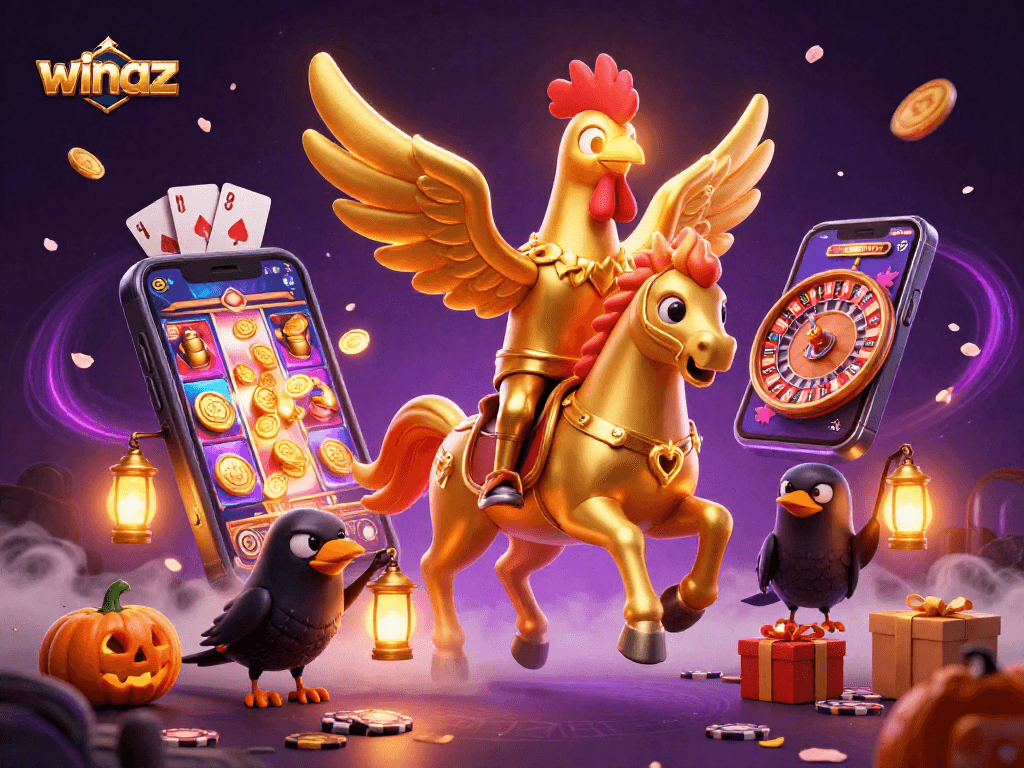 Winaz showcases a golden rooster headless horseman in a vibrant casino scene, capturing player excitement.