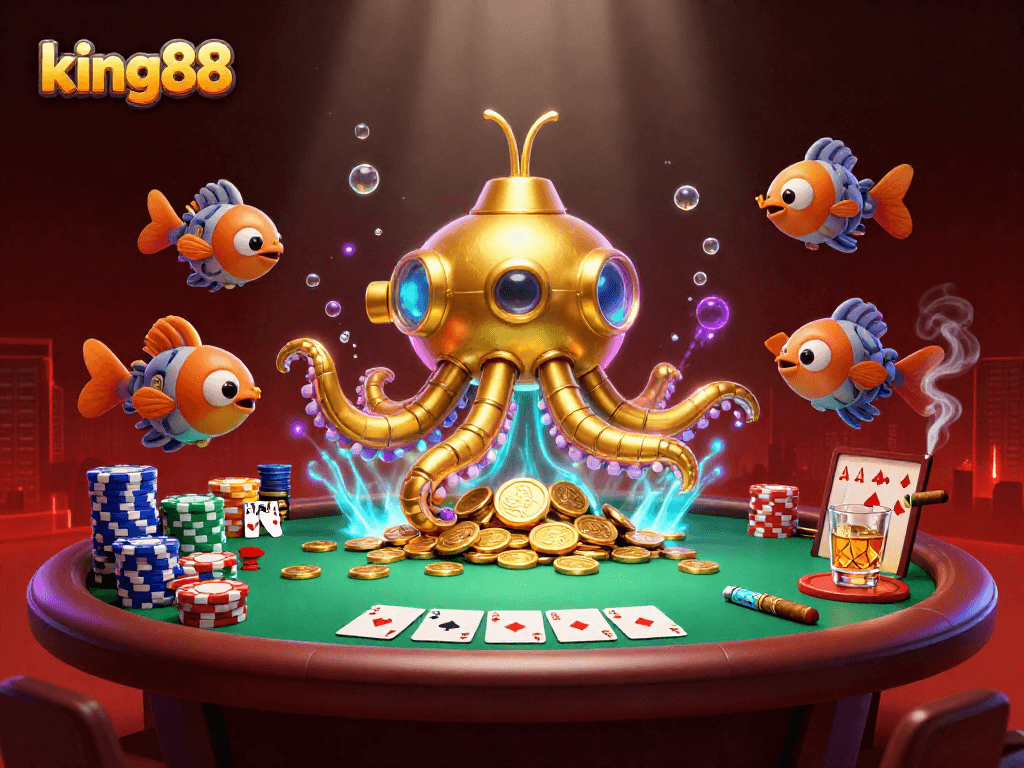 Experience the thrilling world of king88 as mechanical fish and a golden kraken submarine surface through coins.