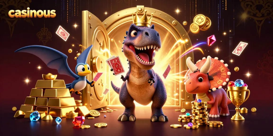 Join the fun at casinous with a T-Rex shuffling cards alongside its dino pals and treasure galore!