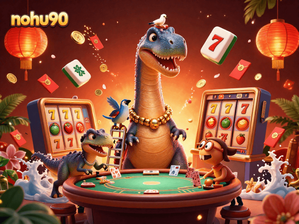 Nohu90 offers thrilling jackpots as a brontosaurus and raptor illustrate excitement.