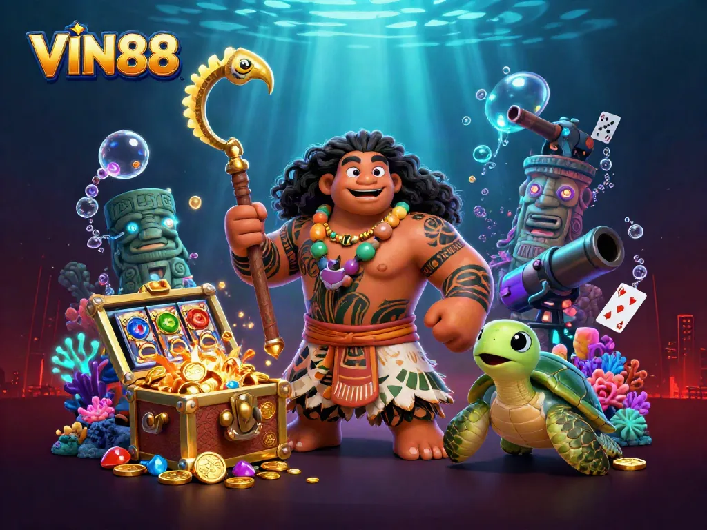 In a dynamic scene, the VIN88 demigod experiences rich slot game elements and underwater treasures.