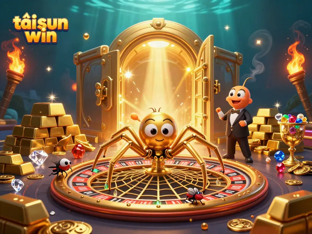 Engage in thrilling bets at tải sun win with a golden web roulette spinning wildly, surrounded by riches.