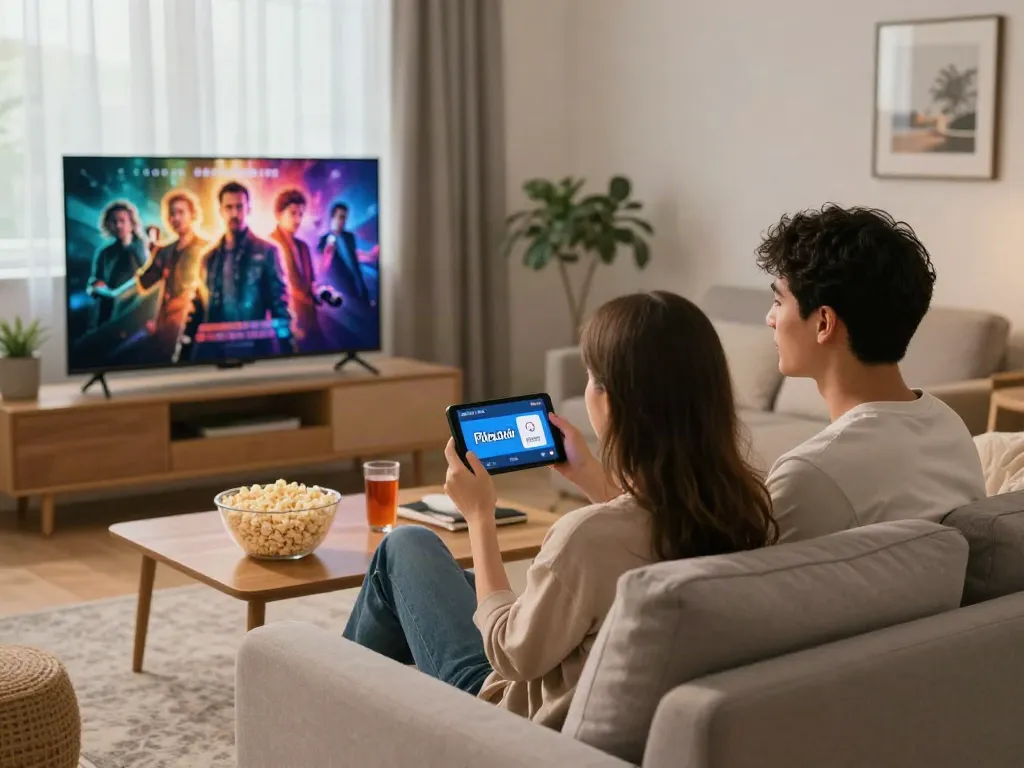 Couple streaming movies using Pikashow for iOS in a cozy living room.
