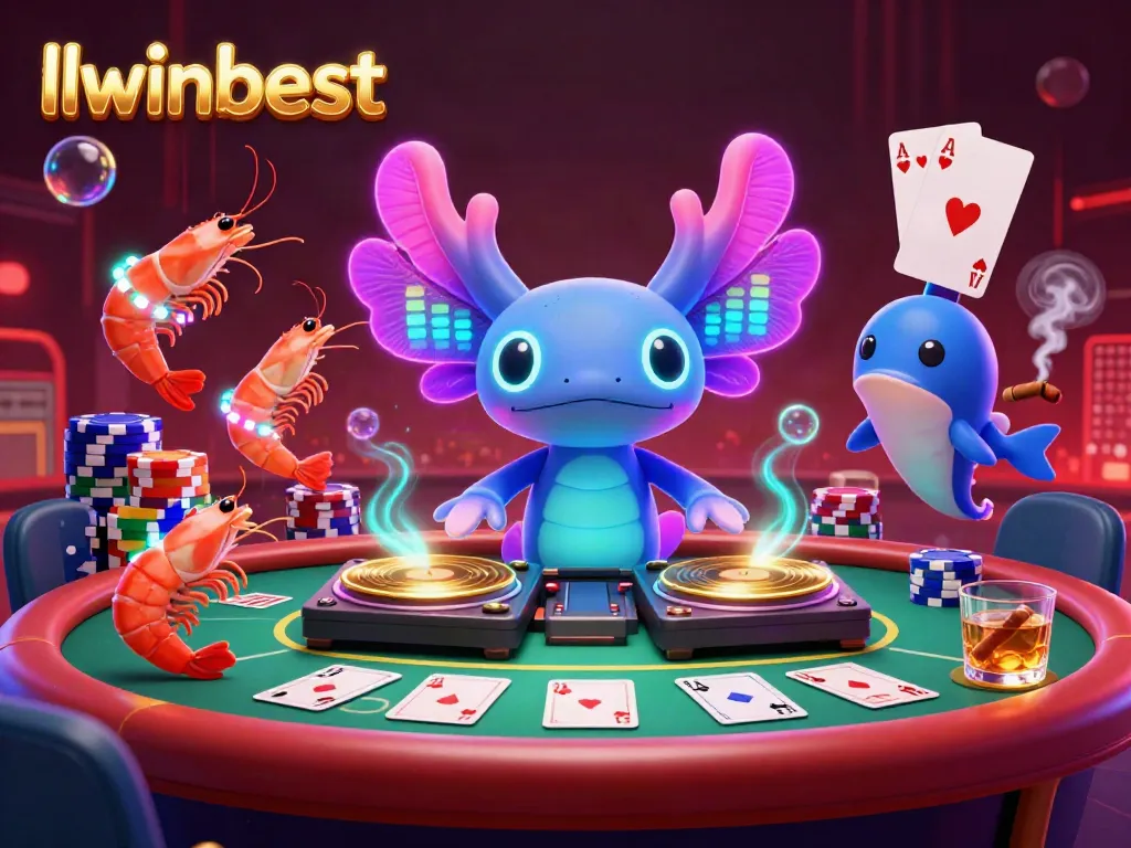 Spin the reels with llwinbest in a vibrant, underwater-themed casino scene featuring a DJ and poker elements.