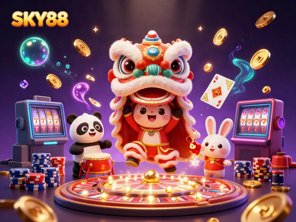 Experience the excitement of SKY88 with a vibrant Chinese New Year-themed casino illustration featuring lively characters.