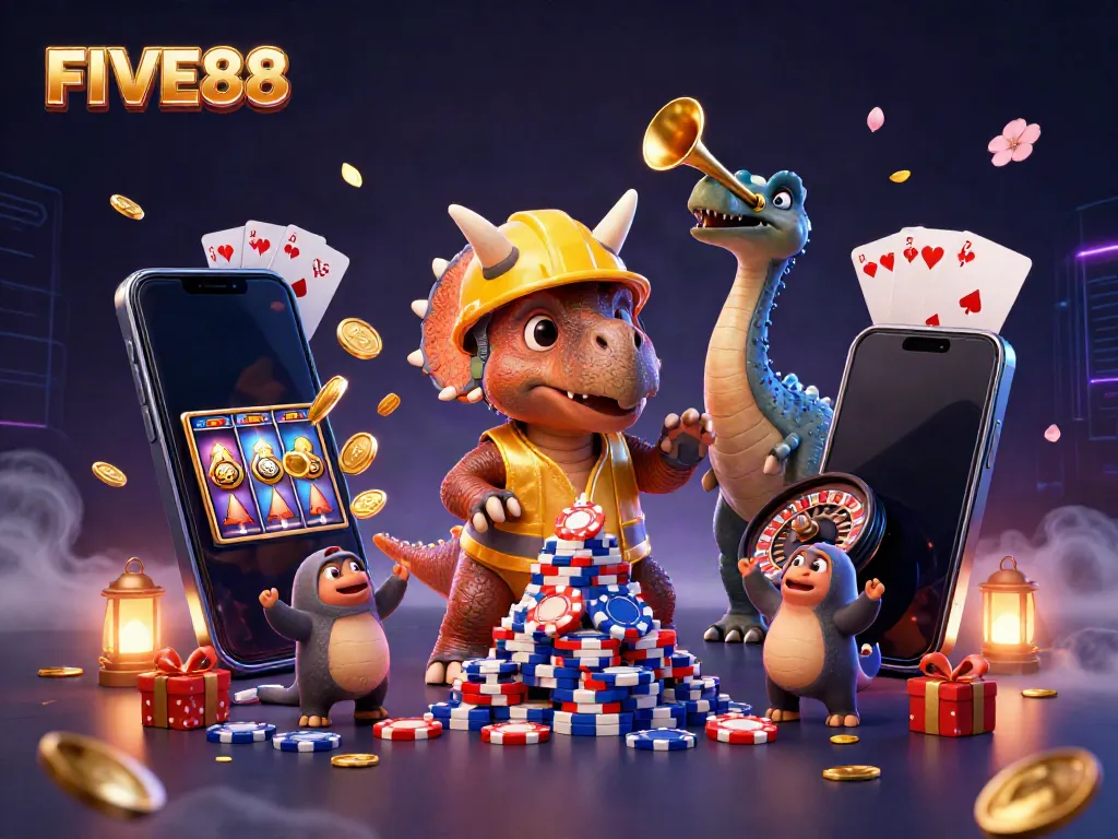 Engage in the thrilling world of gambling with FIVE88, where a triceratops builds poker chip towers amid cheering companions.