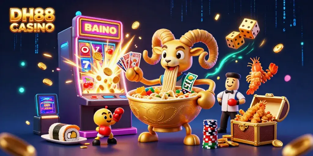 Engaging 3D digital illustration of DH88 CASINO with a giant ramen bowl character surrounded by vibrant casino elements.
