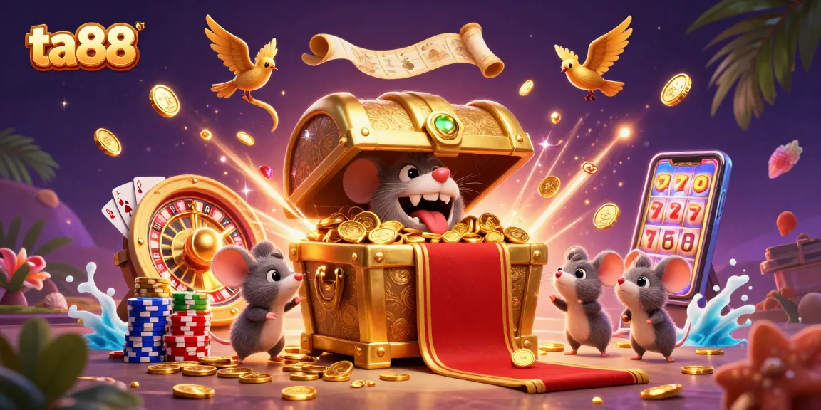 Spin and win with ta88 at the vibrant online casino, showcasing dynamic gaming elements and dazzling treasures.