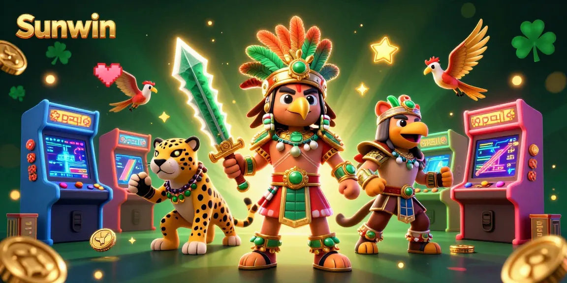 Sunwin offers vibrant gaming excitement with an Aztec warrior and casino elements in action.