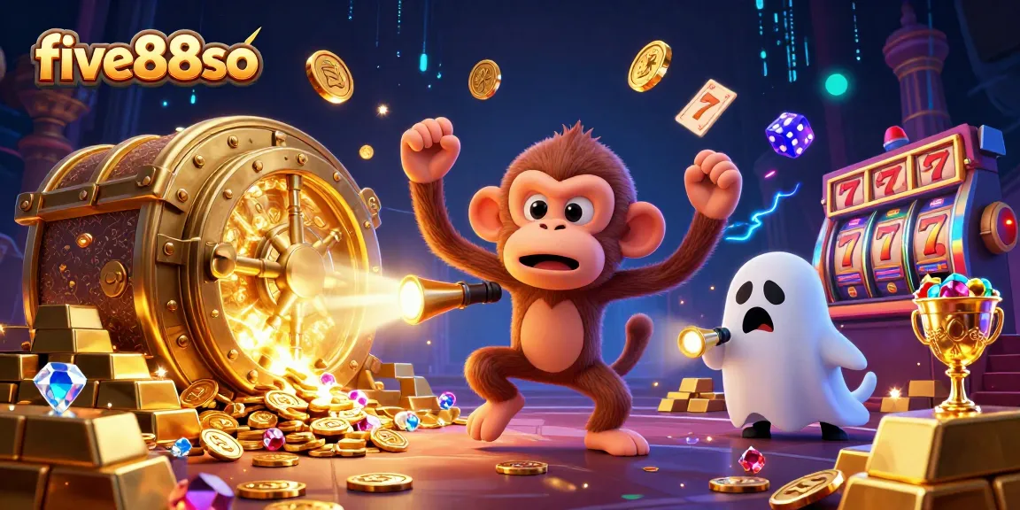 Engage with the five88so casino adventure featuring a playful monkey and ghost-hunter puppy.