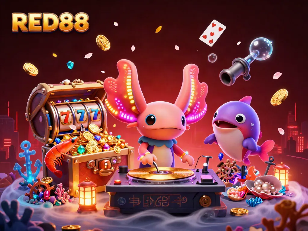 Experience the thrills of RED88 with a neon axolotl DJ and vibrant casino elements in a dynamic scene.