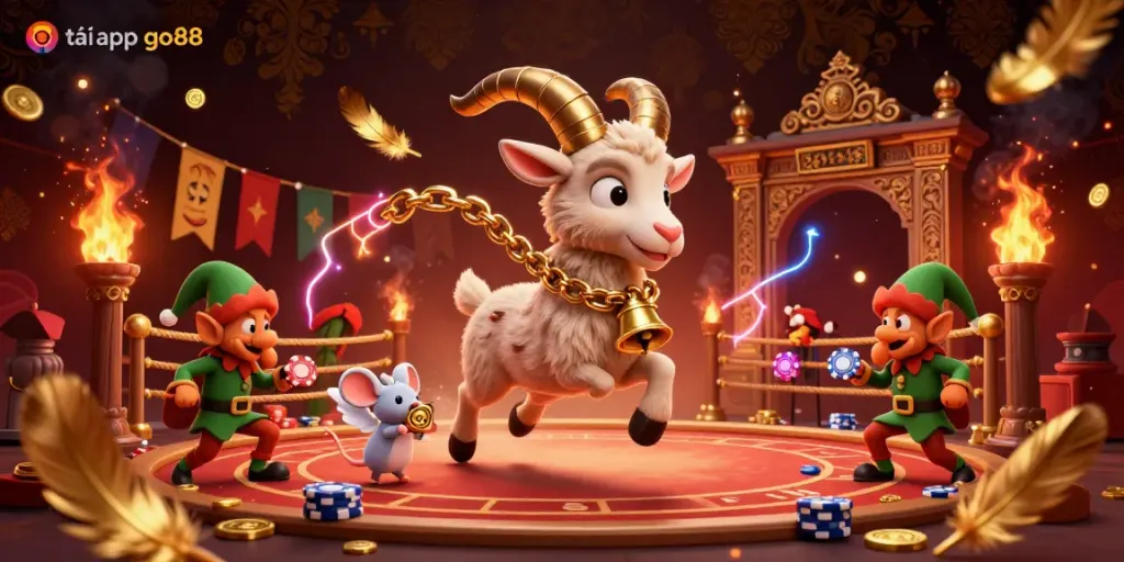 Experience the thrill of tải app go88 with festive characters in a vibrant casino scene filled with golden tokens.