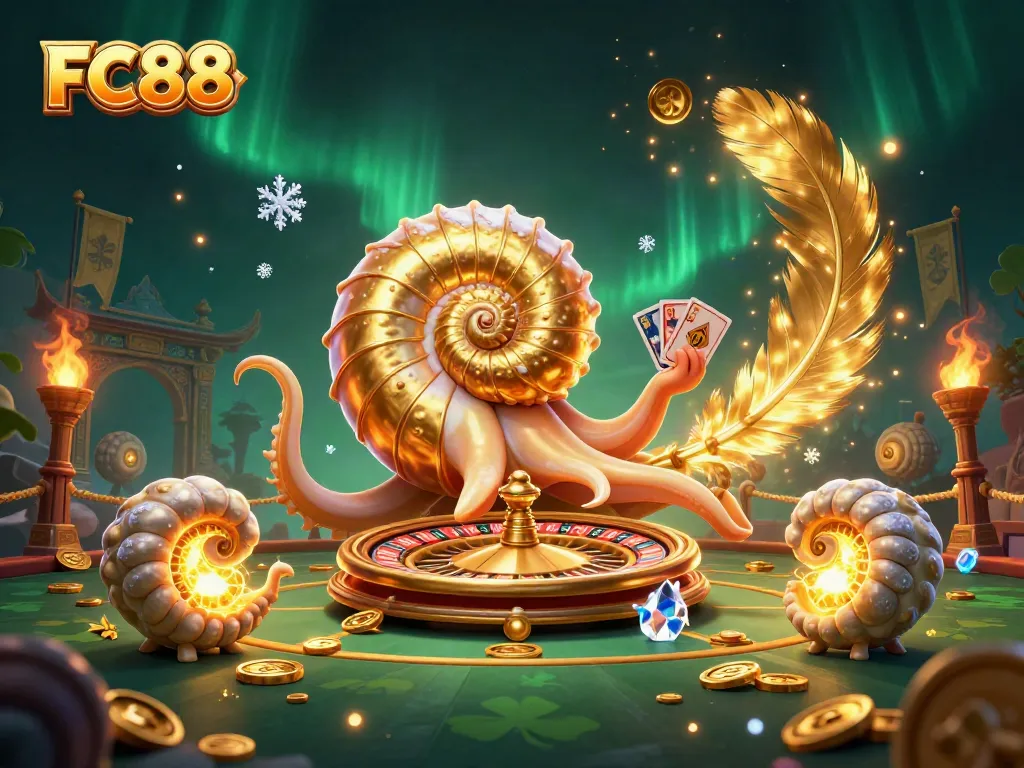 Engage in thrilling gameplay at FC88 with a giant nautilus roulette wheel and glowing ammonite fossil companions in a vibrant casino setting.