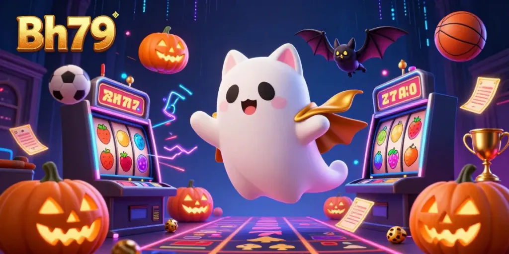Experience the thrill of Bh79 with a ghost cat in a haunted casino, surrounded by dynamic slot game elements.