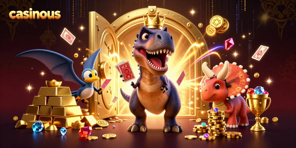 Join the fun at casinous with a T-Rex shuffling cards alongside its dino pals and treasure galore!