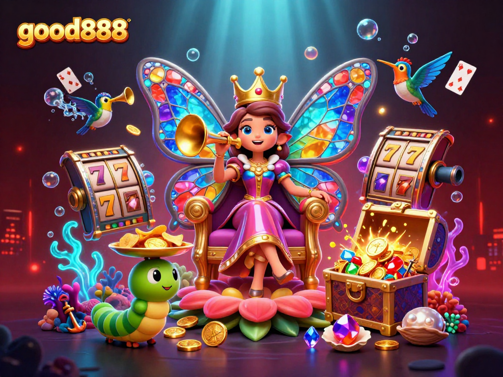 Experience thrilling wins at good888 with vibrant slots surrounded by enchanting characters and rich treasures.