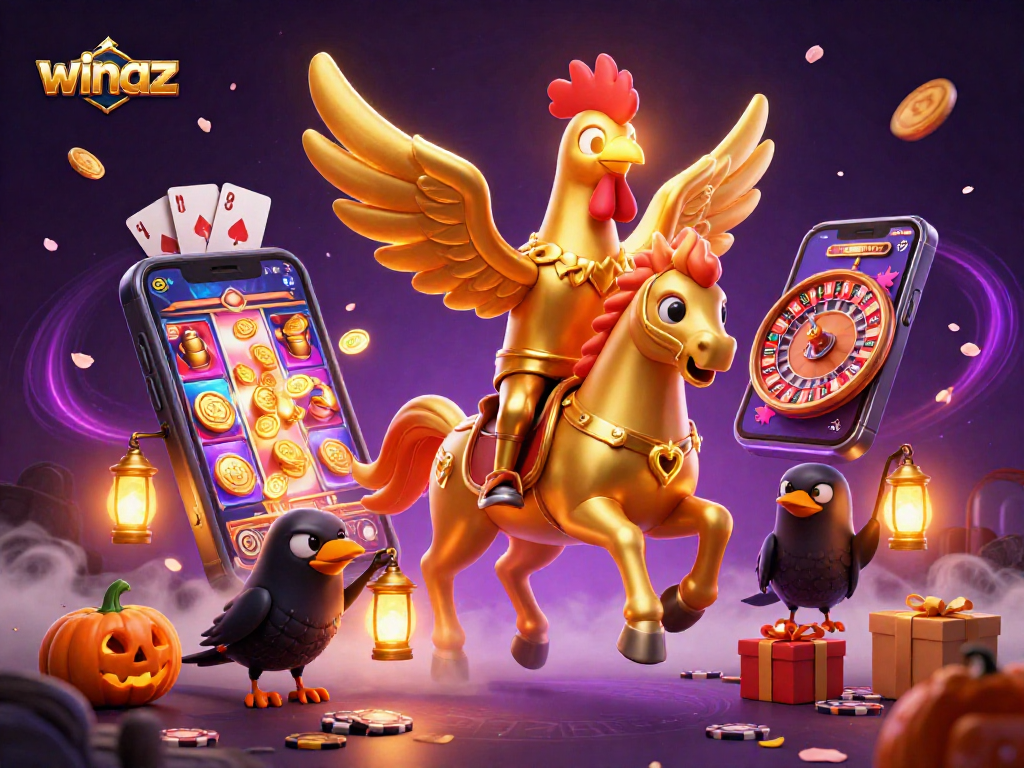 Winaz showcases a golden rooster headless horseman in a vibrant casino scene, capturing player excitement.