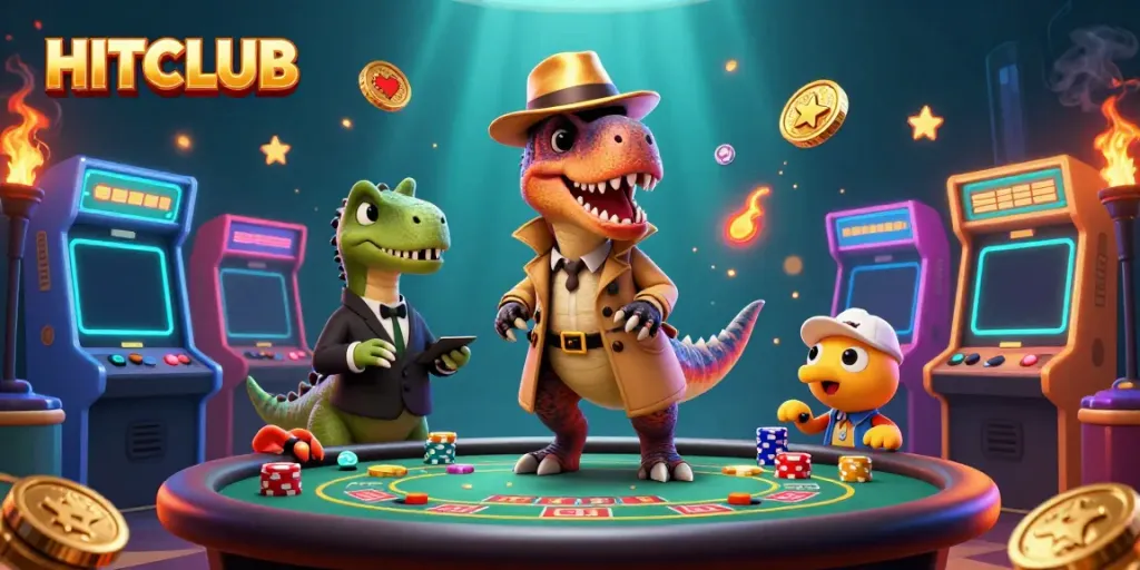 Engage with the vibrant HITCLUB scene as a velociraptor discreetly counts cards amidst casino action.