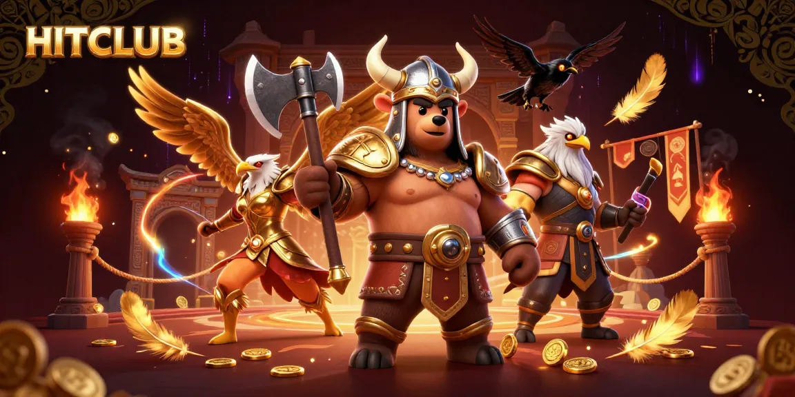 Engage with HITCLUB's thrilling gaming experience featuring a Viking bear and Valkyrie eagle.