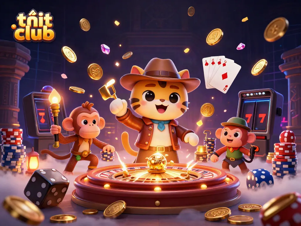 Experience exciting gaming adventures with tải hit club's dynamic casino scene featuring vibrant characters and golden treasures.