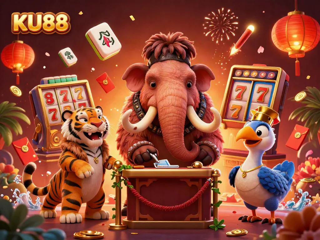 Experience the excitement of KU88 casino with vibrant characters, slot reels, and festive elements.