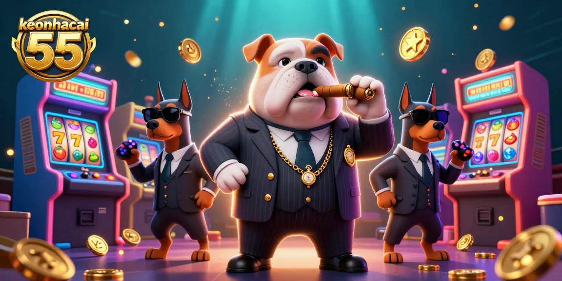 Engage with keonhacai 55's vibrant casino theme through a dynamic illustration of cartoon characters surrounded by gaming elements.