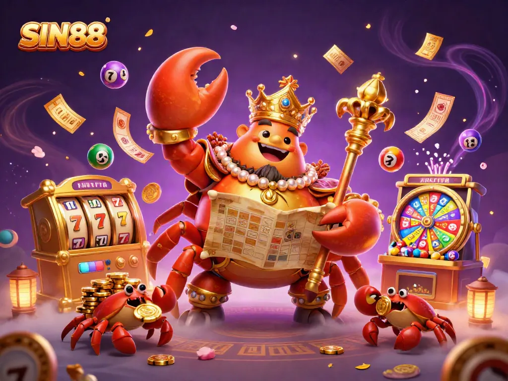 SIN88's golden crab emperor commands a dynamic casino scene filled with colorful slots and lottery elements.