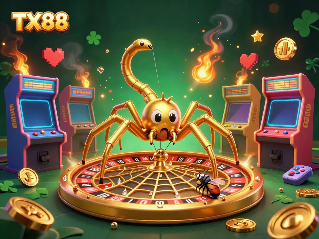 Experience the thrill of TX88 with a vibrant casino scene featuring a golden spider and interactive gaming elements.