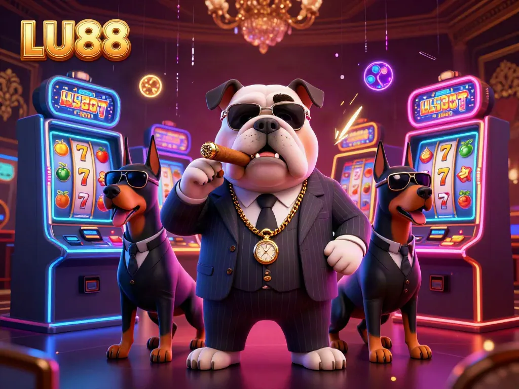 LU88 showcases thrilling slot action featuring a mafia bulldog and Doberman bodyguards amid vibrant gaming machines.