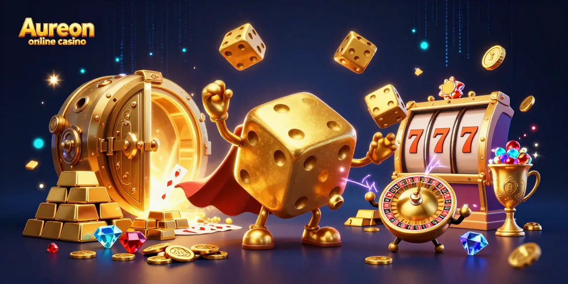 This image showcases engaging elements of the Aureon online casino, featuring a dice golem and dynamic gaming attributes.