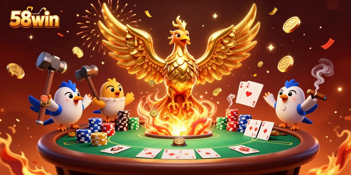 Experience the vibrant energy of 58win with a phoenix and poker scene bursting with excitement.