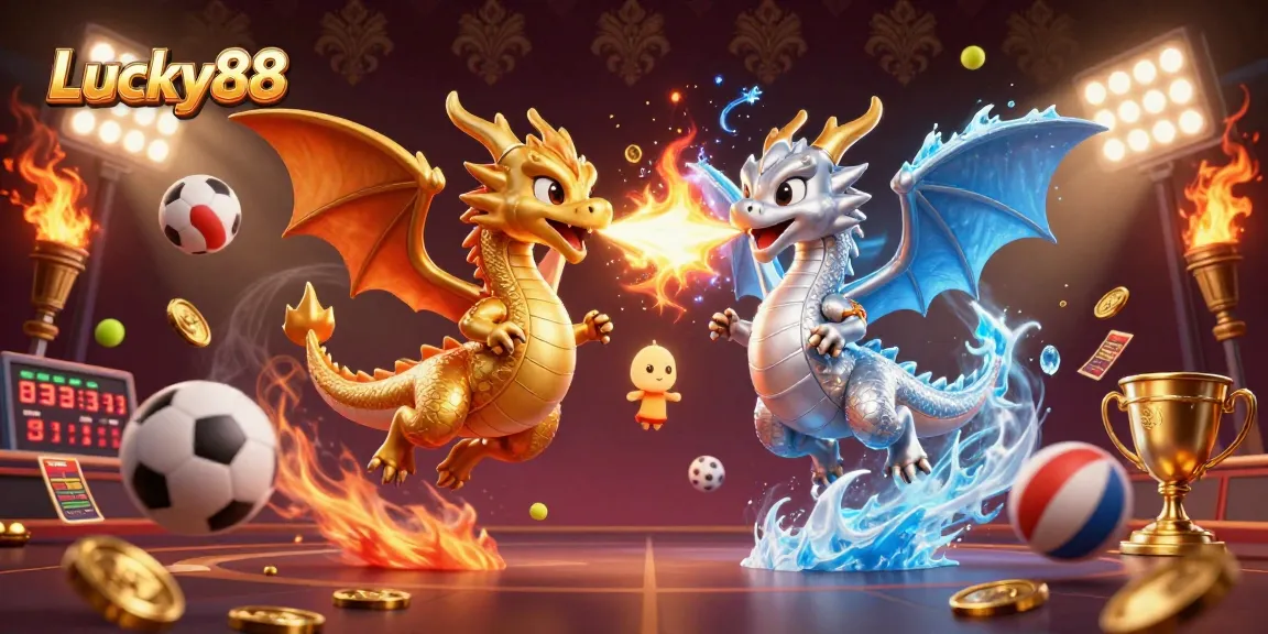 Engage with Lucky88’s vibrant online gaming world through dynamic dragon illustration depicting thrilling sports betting.