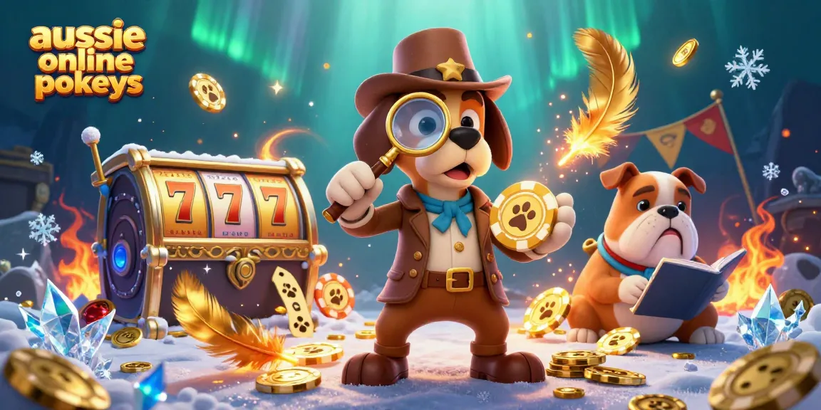 Aussie online pokies illustration of a detective bloodhound discovering treasure while examining poker chips in a vibrant casino scene.